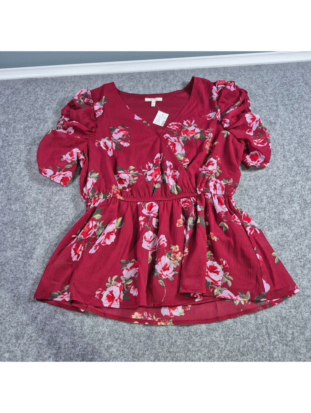 Maurices floral burgundy Cinch Waist flowy Blouse Sz Med Boho Flowy
